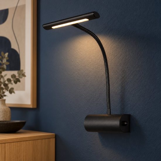 Applique per comodino camera da letto led 4w 3000k moderna nera con braccio flessibile