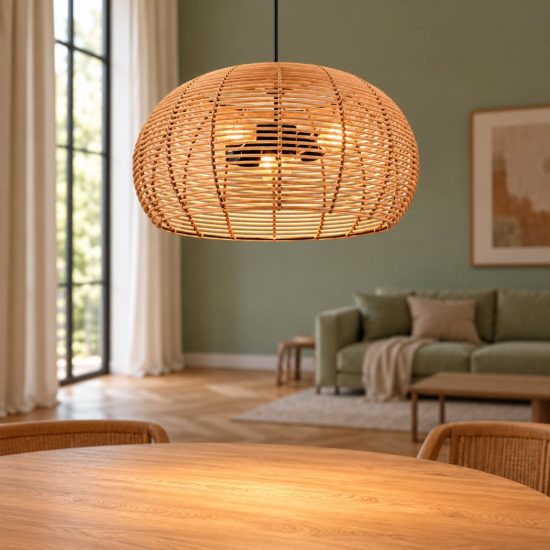 Lampadario a sospensione 3 luci per soggiorno moderno in rattan naturale con montatura nera