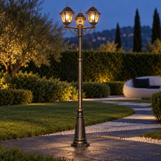 Lampione da giardino 3 luci ip44 a lanterne quadrate ruggine con vetro effetto ghiaccio