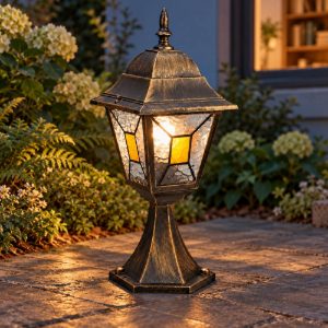 Lampioncino da giardino paletto ip44 a lanterna quadrata ruggine con vetro effetto ghiaccio