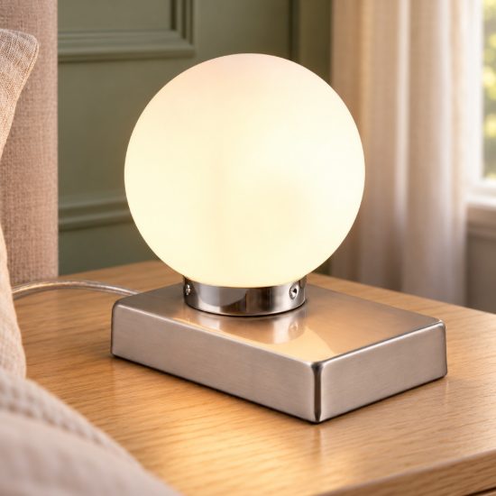 Abat-jour per comodino moderno nichel opaco con sfera in vetro bianco