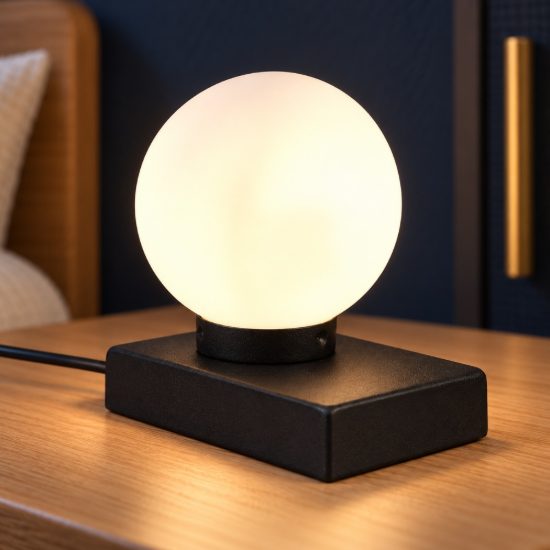 Abat-jour per comodino moderno nero con sfera in vetro bianco