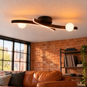 Plafoniera led 27w cct 2300k 3000k 4000k per soggiorno nera con 2 bracci curvi 2 sfere in vetro