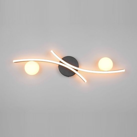 Plafoniera led 27w cct 2300k 3000k 4000k per soggiorno nera con 2 bracci curvi 2 sfere in vetro