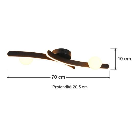 Plafoniera led 27w cct 2300k 3000k 4000k per soggiorno nera con 2 bracci curvi 2 sfere in vetro