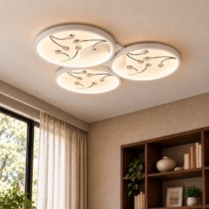 Plafoniera led 30w 4000k per soggiorno moderna a 3 cerchi bianca con decori a gemme trasparenti