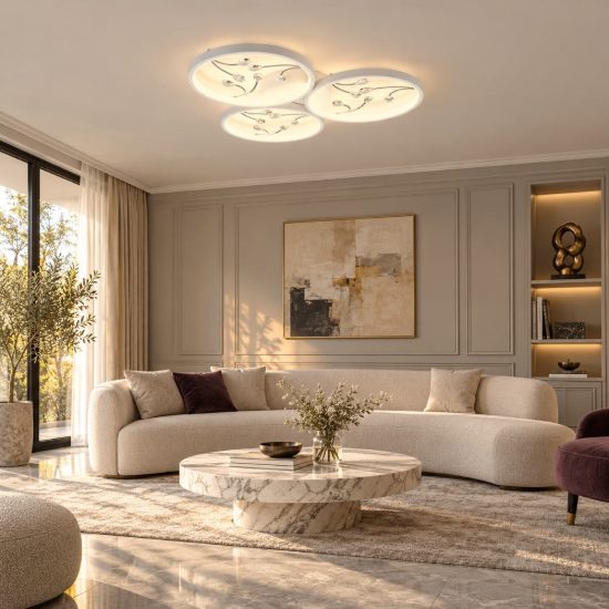 Plafoniera led 30w 4000k per soggiorno moderna a 3 cerchi bianca con decori a gemme trasparenti