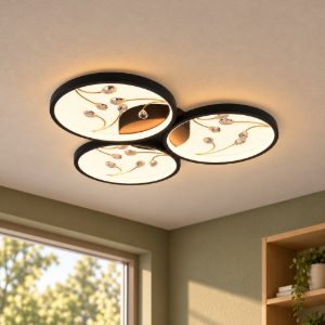 Plafoniera led 30w 3000k per soggiorno moderna a 3 cerchi nera con decori a gemme trasparenti