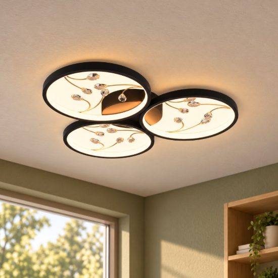 Plafoniera led 30w 3000k per soggiorno moderna a 3 cerchi nera con decori a gemme trasparenti