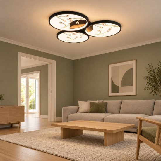 Plafoniera led 30w 3000k per soggiorno moderna a 3 cerchi nera con decori a gemme trasparenti