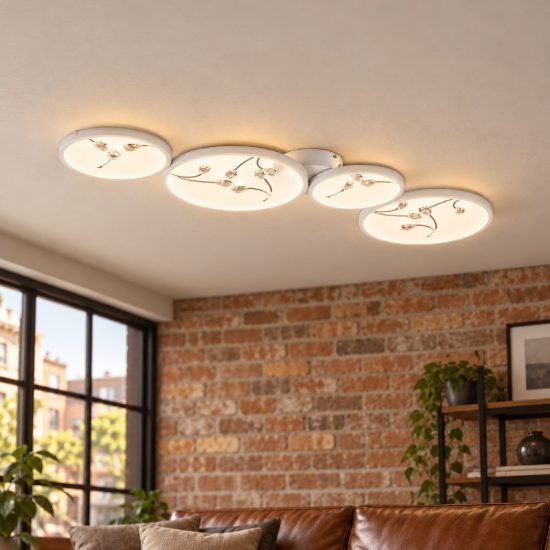 Plafoniera led 37w 4000k per soggiorno moderna a 4 cerchi bianca con decori a gemme trasparenti