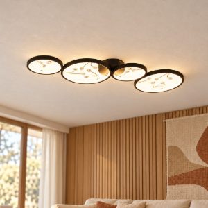 Plafoniera led 37w 3000k per soggiorno moderna a 4 cerchi nera con decori a gemme trasparenti
