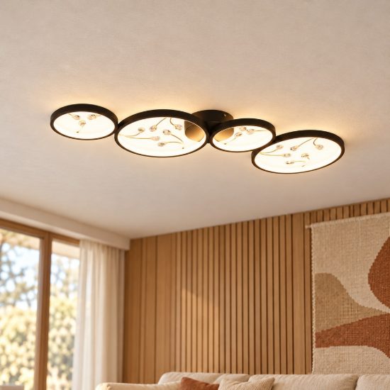 Plafoniera led 37w 3000k per soggiorno moderna a 4 cerchi nera con decori a gemme trasparenti