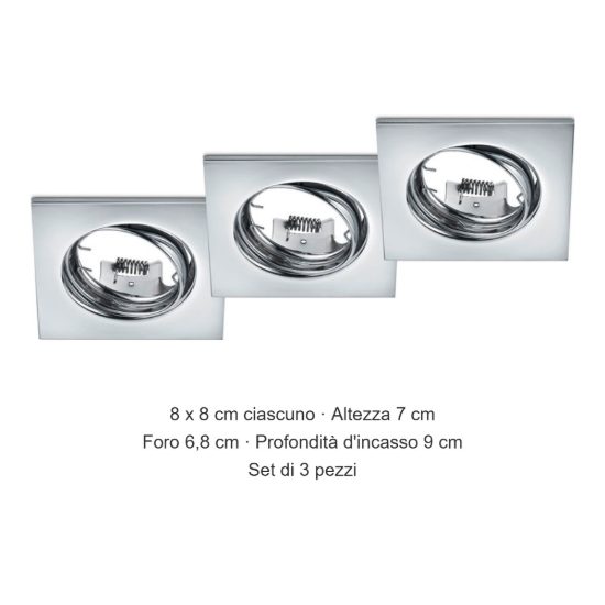 Set 3 faretti da incasso per cartongesso orientabili quadrati cromo