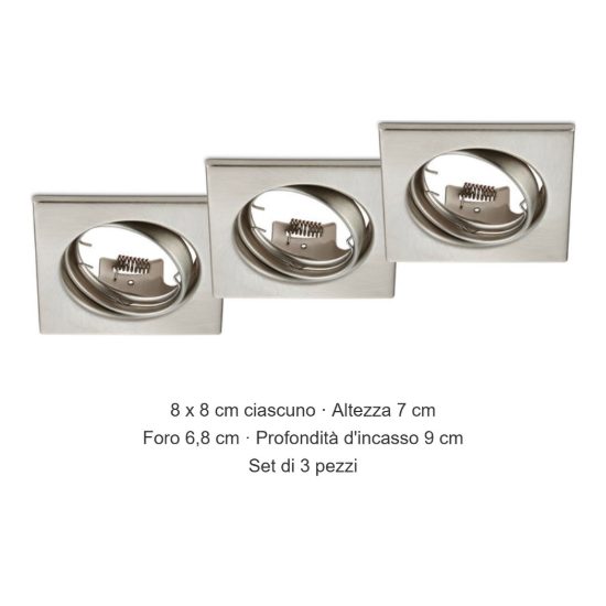 Set 3 faretti da incasso per cartongesso orientabili quadrati nichel opaco