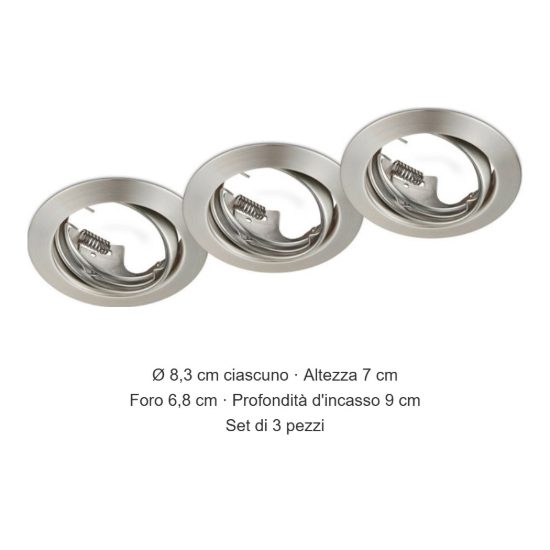 Set 3 faretti da incasso per cartongesso orientabili rotondi nichel opaco