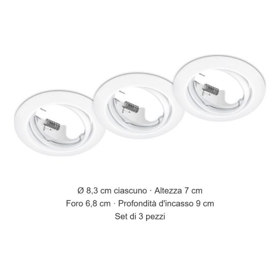 Set 3 faretti da incasso per cartongesso orientabili rotondi bianchi