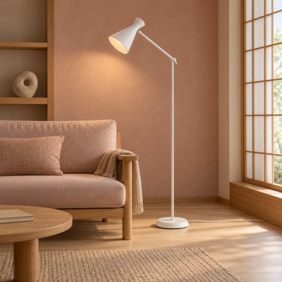 Piantana per soggiorno moderna bianca con paralume a doppio cono