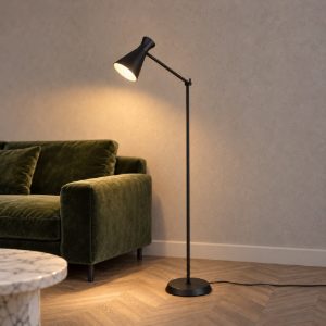 Lampada da terra per soggiorno moderna nera con paralume a doppio cono