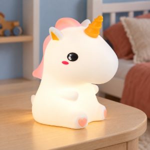 Lampada da tavolo led 0,5w 3000k rgb a batterie per cameretta a forma di unicorno bianca