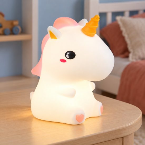 Lampada da tavolo led 0,5w 3000k rgb a batterie per cameretta a forma di unicorno bianca