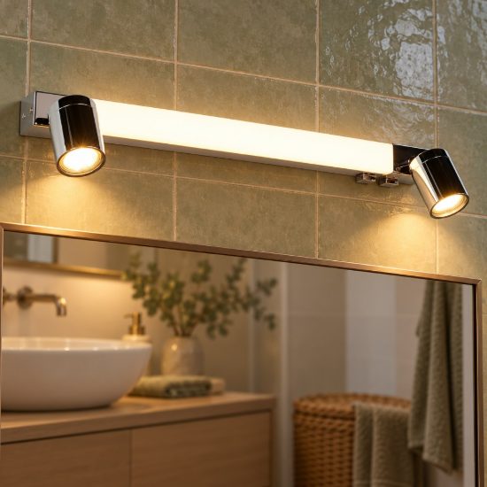 Applique per specchio da bagno led 6,5w cct 2300k 3000k 4000k ip44 lineare cromo con 2 faretti