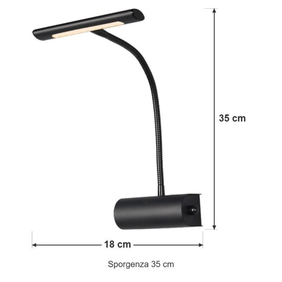 Applique per comodino camera da letto led 4w 3000k moderna nera con braccio flessibile