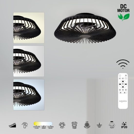 Ventilatore da soffitto nero con luce led 70w cct 2700k 5000k dimmerabile con telecomando fino a 13mq