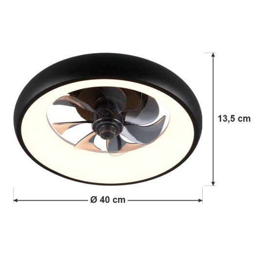 Ventilatore da soffitto led 20w cct 2700k 6500k con telecomando e anello luminoso nero per max 13mq