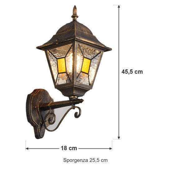 Applique da esterno ip44 a lanterna quadrata su braccio ruggine con vetro effetto ghiaccio