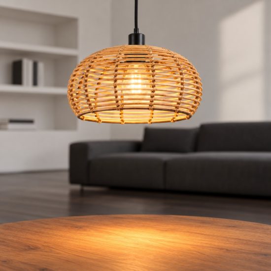 Lampadario a sospensione per soggiorno moderno in rattan naturale con montatura nera