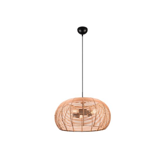 Lampadario a sospensione 3 luci per soggiorno moderno in rattan naturale con montatura nera