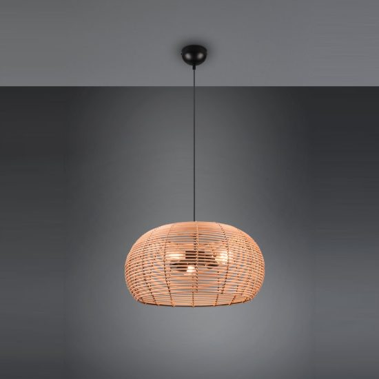 Lampadario a sospensione 3 luci per soggiorno moderno in rattan naturale con montatura nera