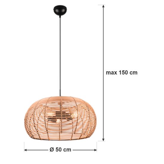 Lampadario a sospensione 3 luci per soggiorno moderno in rattan naturale con montatura nera