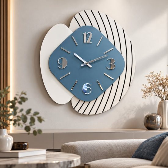 Orologio da parete moderno resina blu legno chiaro per cucina dettagli argento lucido