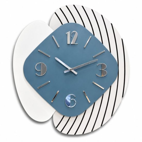 Orologio da parete moderno resina blu legno chiaro per cucina dettagli argento lucido
