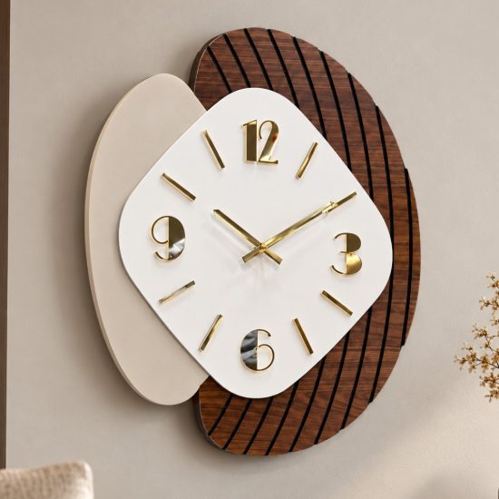 Orologio da parete design moderno resina bianca legno scuro per cucina dettagli oro lucido