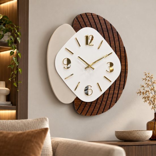 Orologio da parete design moderno resina bianca legno scuro per cucina dettagli oro lucido