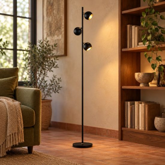 Piantana 3 luci per soggiorno orientabile moderna nera oro con dimmer
