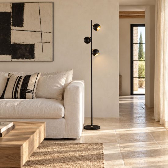 Piantana 3 luci per soggiorno orientabile moderna nera oro con dimmer