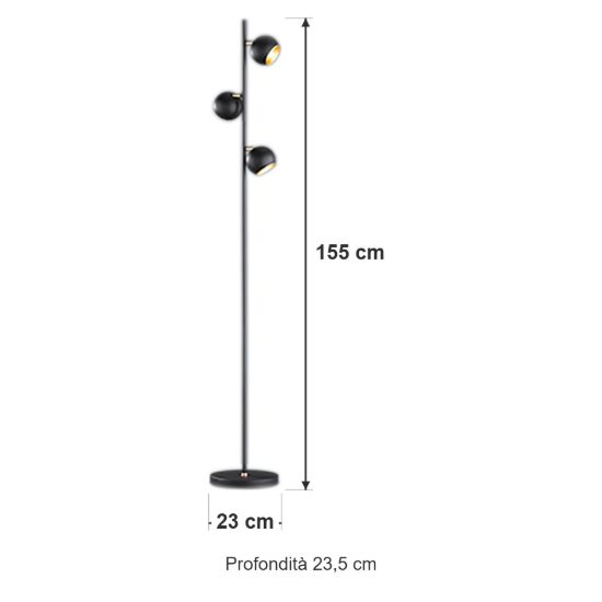 Piantana 3 luci per soggiorno orientabile moderna nera oro con dimmer