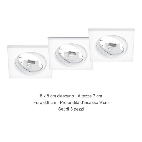 Set 3 faretti da incasso per cartongesso orientabili quadrati bianchi
