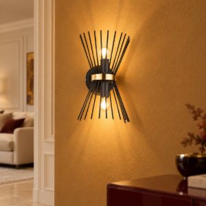 Applique per soggiorno 2 luci moderna a bacchette di metallo nera oro con luce su giu