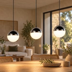 Lampadario 3 luci per soggiorno led 15w 4000k lineare nero con sfere cromate bianche