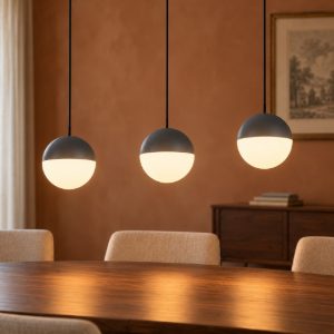 Lampadario 3 luci per sala da pranzo led 15w 3000k lineare antracite con sfere antracite bianche