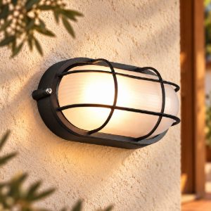 Applique piccola da esterno ip44 moderna ovale nera con griglia vetro satinato