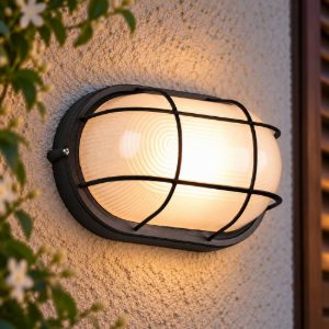 Applique grande da esterno ip44 moderna ovale nera con griglia vetro satinato