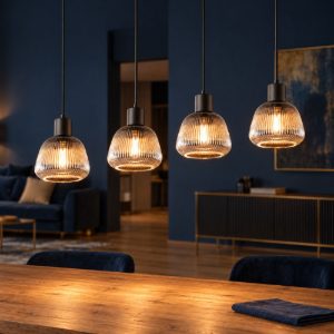 Lampadario a sospensione 4 luci per sala da pranzo moderno lineare nero con vetri rigati cromati