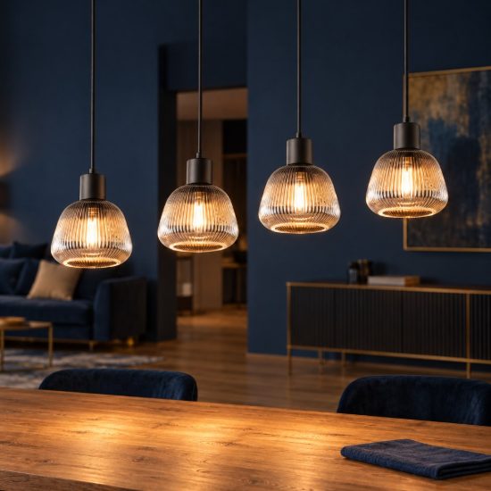 Lampadario a sospensione 4 luci per sala da pranzo moderno lineare nero con vetri rigati cromati
