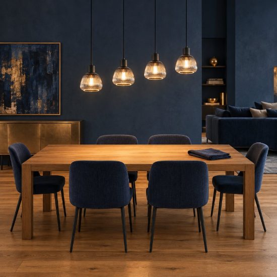 Lampadario a sospensione 4 luci per sala da pranzo moderno lineare nero con vetri rigati cromati